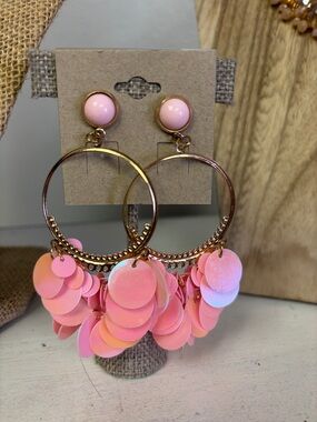 Funky Boho Pink Sequin Hoop Drop Earrings - Women Jewelry by